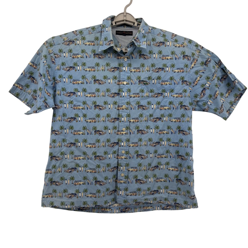 Tommy Hilfiger Golf Short Sleeve Button‎ Up Shirt Mens Large Blue Tropical Car